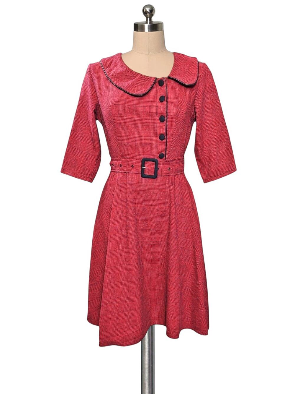 50's 60's DRESSFO Red Black Plaid Pin Up Retro Vintage Style Dress S